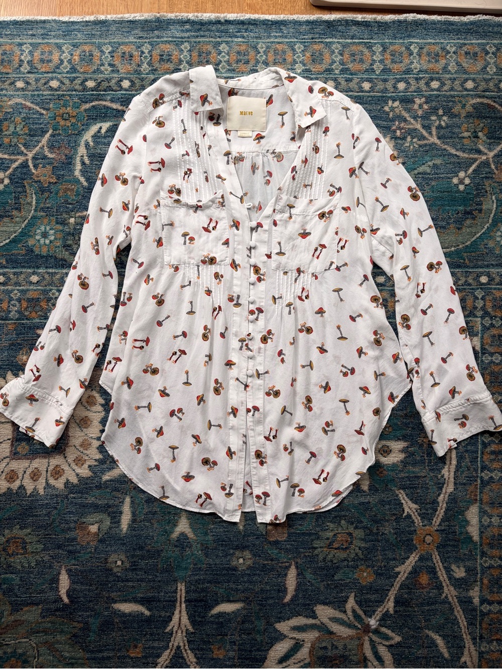 Maeve White Button-Front Blouse with Red & Brown Mushroom Print